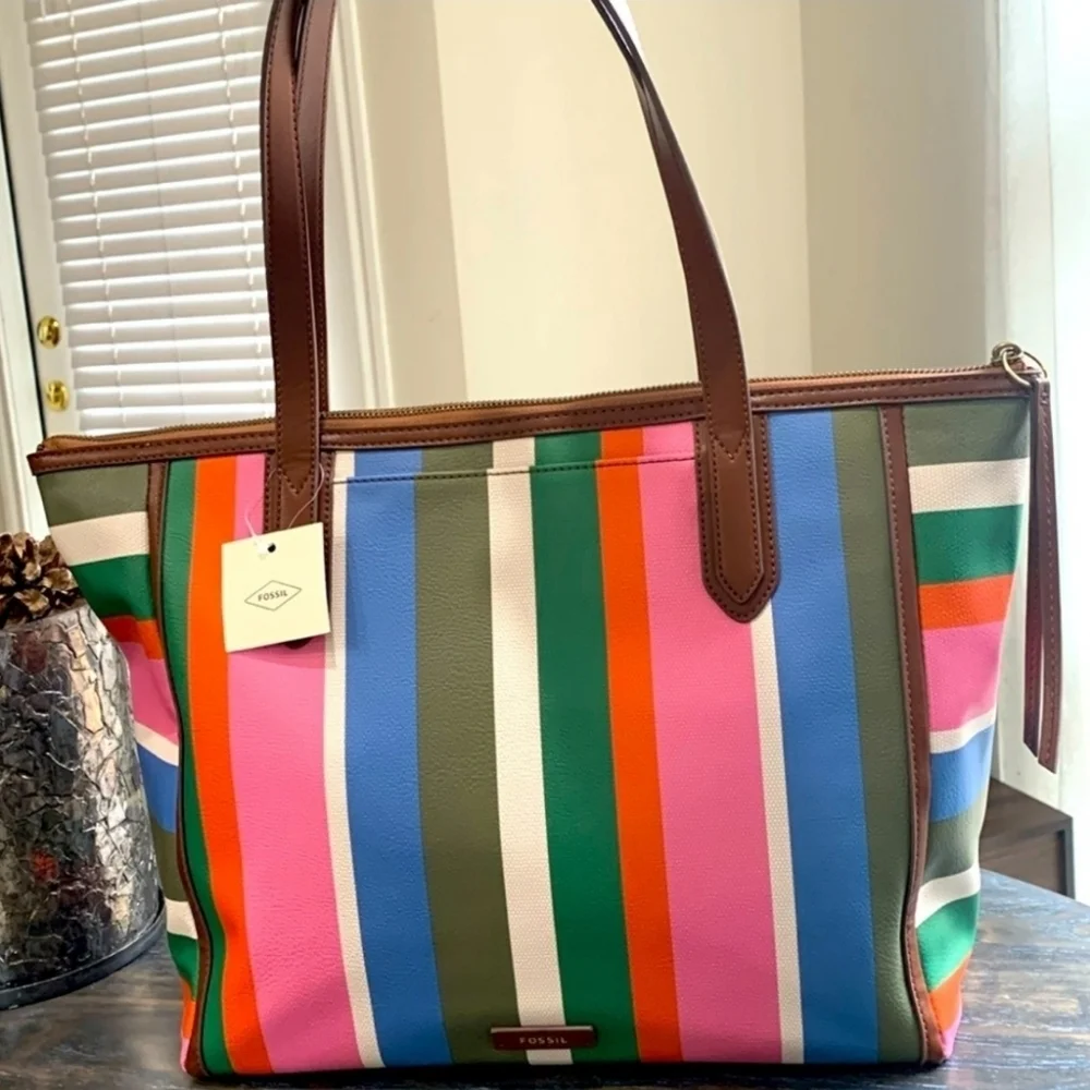 Fossil Sydney tote in Colorful Stripes brown vegan leather trim new with tags
